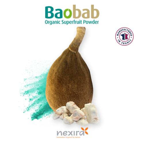 1-2 Taste Nexira - Baobab Pulp Powder Organic with whole baobab fruit, pulp chunks, and green powder splash, French origin label visible